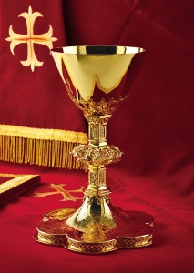 Neo-Gothic Chalice 162 with intricate ornamentation, gold plated brass 