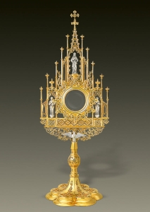 Neo-Gothic Monstrance 420, tower monstrance with Jesus and Saints, ht 23 in