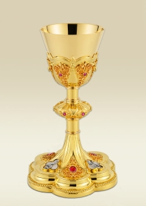 Chalice 095 with filigrees and red stones, gold plated brass