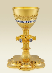 Chalice 185, Neo-Gothic style, gold plated brass, blue enamel accents