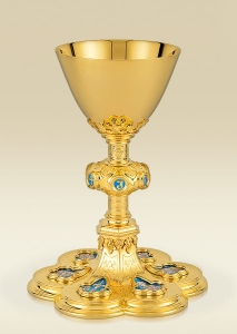 Neo-Gothic Catholic Chalice 087, gold plated with blue enamel accents