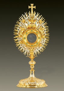Monstrance 428 with crown and blue stones, two tone brass