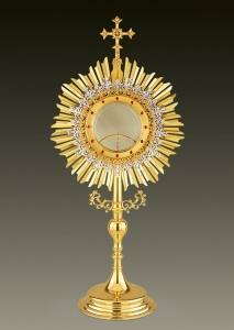 Sunburst Monstrance 447 for host 6 in, 24 kt gold plated brass, big 35.5 in
