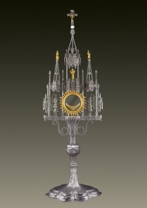 Gothic Monstrance 451 for host 2.25 in, tower monstrance, silver-plated brass