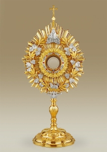Monstrance 454 in gold plate, sunburst design, grapevine and wheat motifs