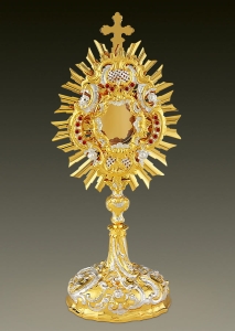 Baroque Reliquary 480, brass with gold and silver plating, red stones