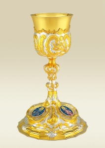 Mass Chalice 156, Baroque design with Holy Family images in colorful enamel