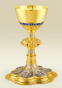 Neo-Gothic Chalice 184, handcraft, rich decoration, heavily sculpted base