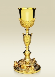 Empire Chalice 101 in gold plated brass, decorated with cherubs, tall 12" 