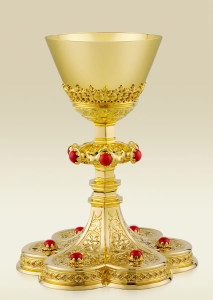 Chalice 121 with Neo-Gothic ornaments and red stones, 24 kt gold plate