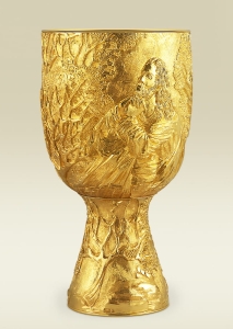 Chalice 140 with Agony in the Garden relief, 24 kt gold plated brass