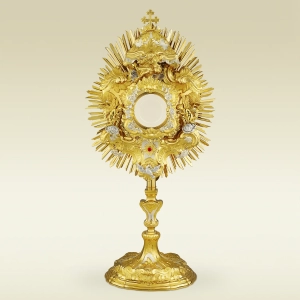 Monstrance 444 with sunburst, Baroque ornaments, silver accents, ht 22 in